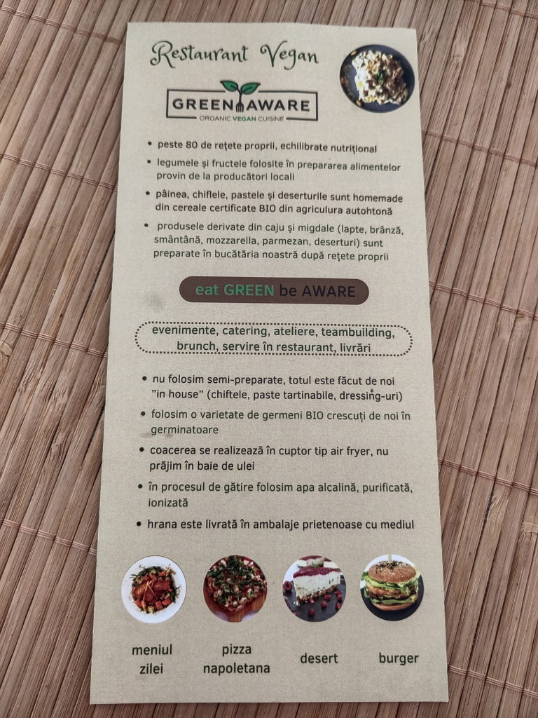 Meniul restaurantului Green Aware, din Timișoara