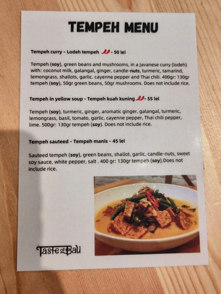 Meniu cu tempeh, la Taste of Bali, Timișoara