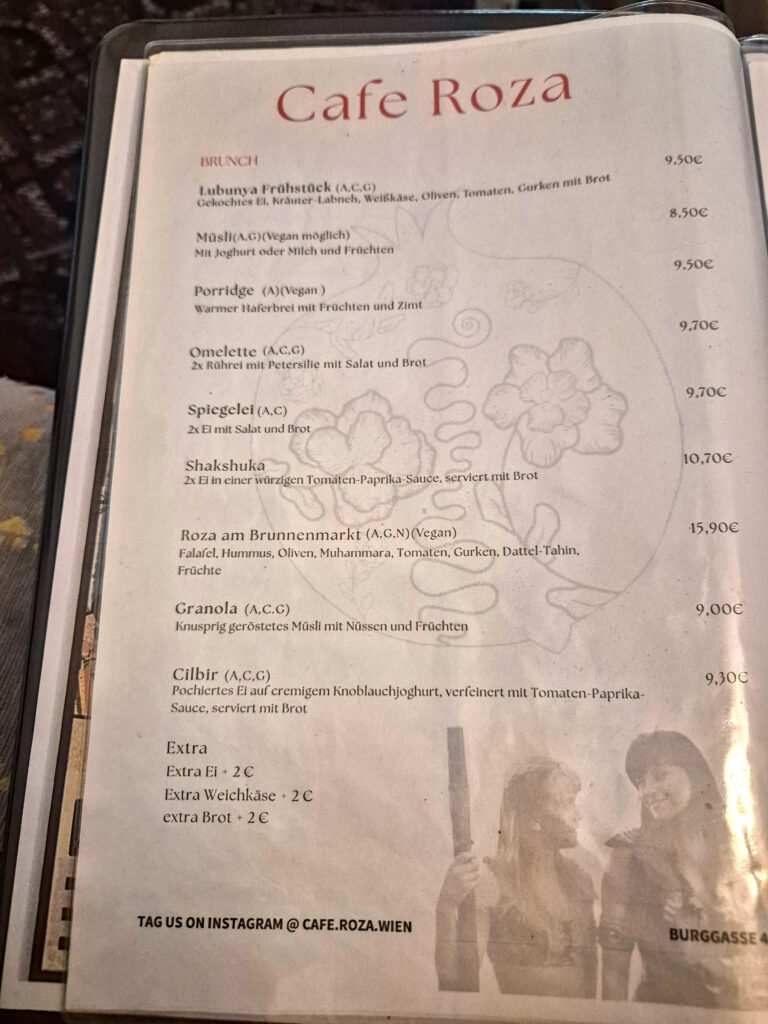 Roza Cafe, meniu